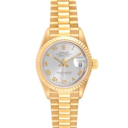 The image shows a frontal view of a Rolex President 69178 Women's Yellow Gold Silver Dial 69178 Women's Yellow Gold Silver Dial model watch, featuring its dial, bezel, hands, and bracelet.