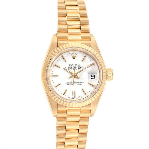 This image shows the front view of the Rolex President 69178 Women's Yellow Gold White Dial 69178 Women's Yellow Gold White Dial model watch, including the face, hands, date window, and band.