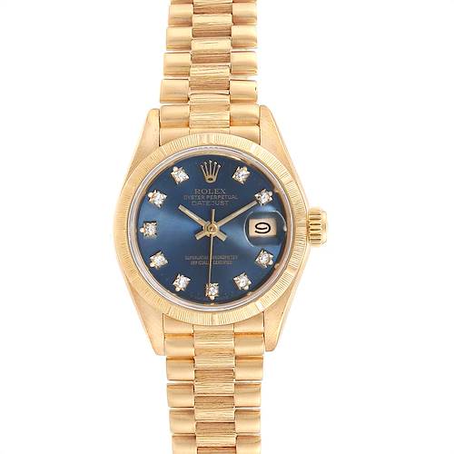 The image shows a Rolex President 69278 Women's Yellow Gold Blue Dial 69278 Women's Yellow Gold Blue Dial model watch from a front-facing angle, highlighting its gold bracelet, blue dial, and date window.