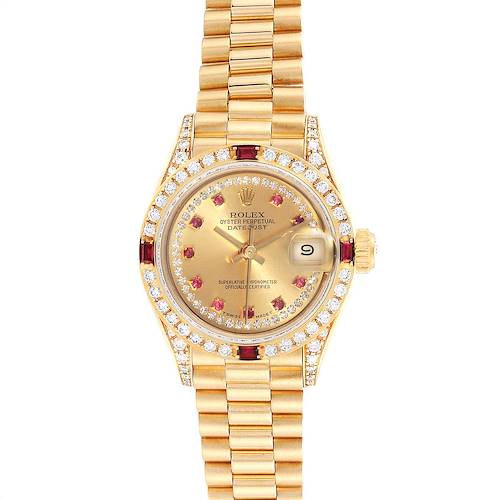 This Rolex President 69238 Women's Yellow Gold Champagne Dial 69238 Women's Yellow Gold Champagne Dial model watch is shown from the front, highlighting its gold band, diamond-encrusted bezel, and date display.