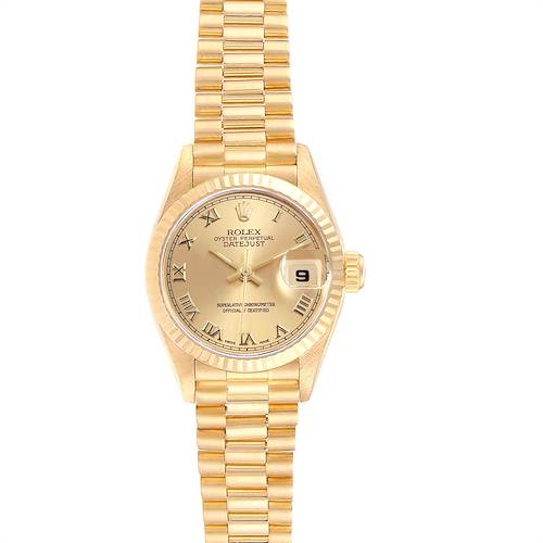 The image shows a front view of a Rolex President 69178 Women's Yellow Gold Champagne Dial 69178 Women's Yellow Gold Champagne Dial model watch featuring a gold dial, Roman numerals, and a date display.