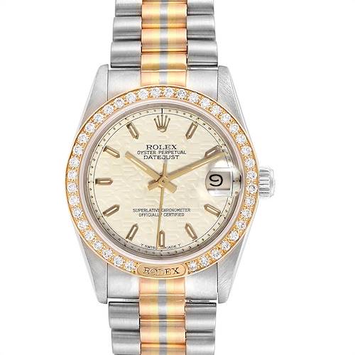 The image shows a front view of a Rolex President 68149 Women's White Gold Beige Dial 68149 Women's White Gold Beige Dial model watch, highlighting its dial, bezel, crown, and bracelet.
