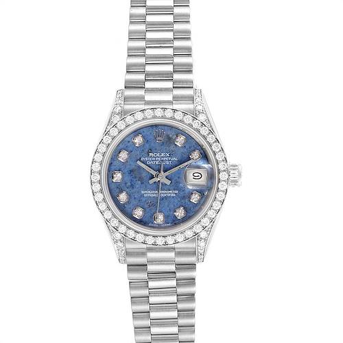 The image shows a frontal view of a Rolex President 69159 Women's White Gold Blue Dial 69159 Women's White Gold Blue Dial model watch, displaying the dial, bezel, bracelet, and date window.