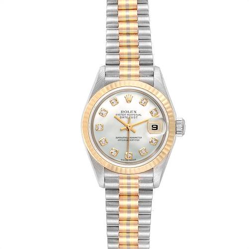 This Rolex President 79179 Women's White Gold Mother of Pearl Dial 79179 Women's White Gold Mother of Pearl Dial model is shown from a front angle, displaying its face, hands, date window, bezel, and two-tone bracelet.
