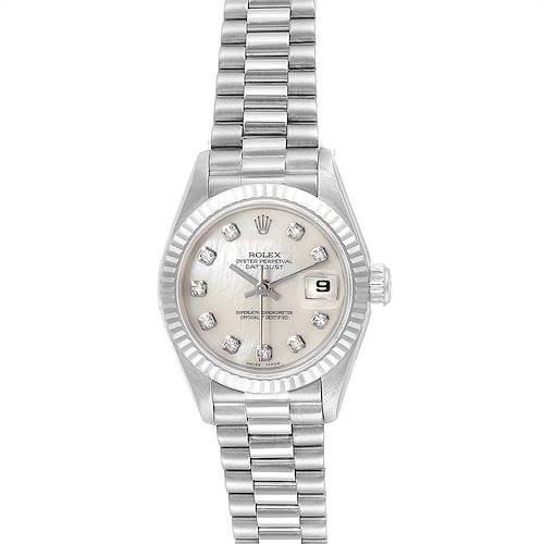 The image shows a Rolex President 69179 Women's White Gold Silver Dial 69179 Women's White Gold Silver Dial model watch from a top-down view, displaying its face, bezel, and metal bracelet.