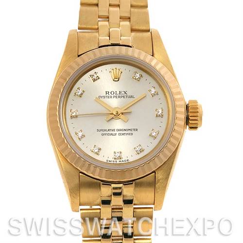 This image shows a front view of the Rolex President 67197 Women's Yellow Gold Silver Dial 67197 Women's Yellow Gold Silver Dial model watch, displaying its face, bezel, and part of the bracelet.