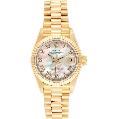 The image shows a front view of a Rolex President 69178 Women's Yellow Gold Mother of Pearl Dial 69178 Women's Yellow Gold Mother of Pearl Dial watch, displaying its dial, hands, date window, bezel, and bracelet.