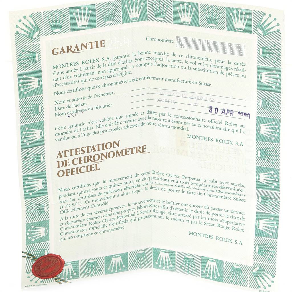 This is a warranty certificate for the Rolex President 68279 Women's White Gold Champagne Dial 68279 Women's White Gold Champagne Dial model, featuring official chronometer certification details.