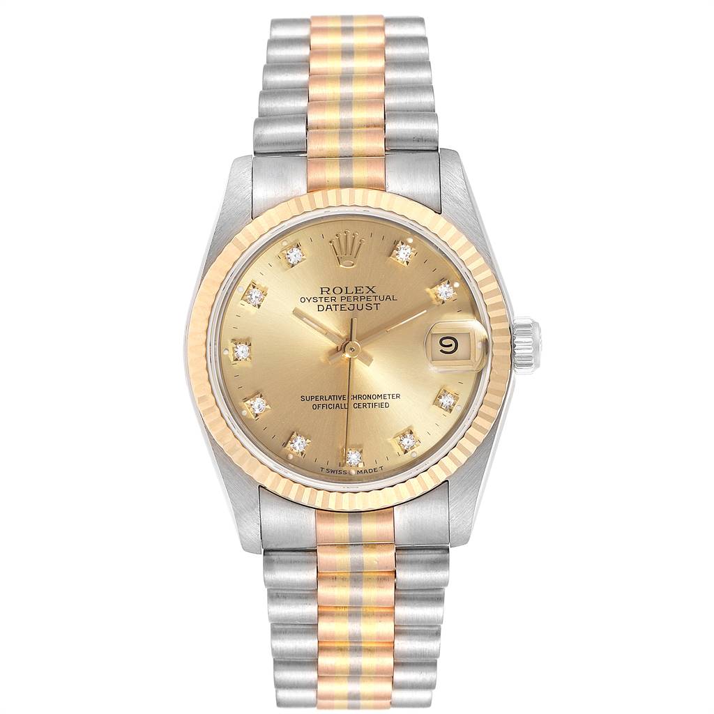 The image shows a front view of a Rolex President 68279 Women's White Gold Champagne Dial 68279 Women's White Gold Champagne Dial model watch with a gold dial, date window, and bi-metal bracelet.