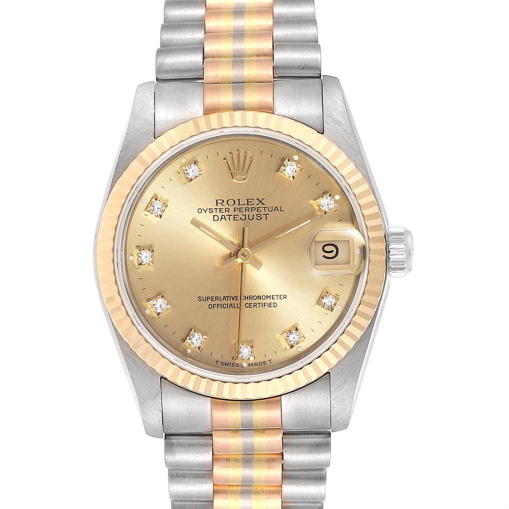 The image shows a front view of a Rolex President 68279 Women's White Gold Champagne Dial 68279 Women's White Gold Champagne Dial model watch, showcasing its face, bezel, and part of the bracelet.