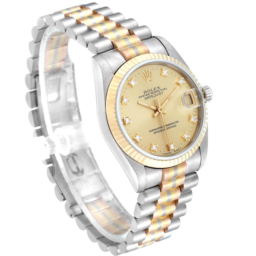 The image shows an angled view of the Rolex Datejust President model, highlighting its two-tone band, bezel, and dial.