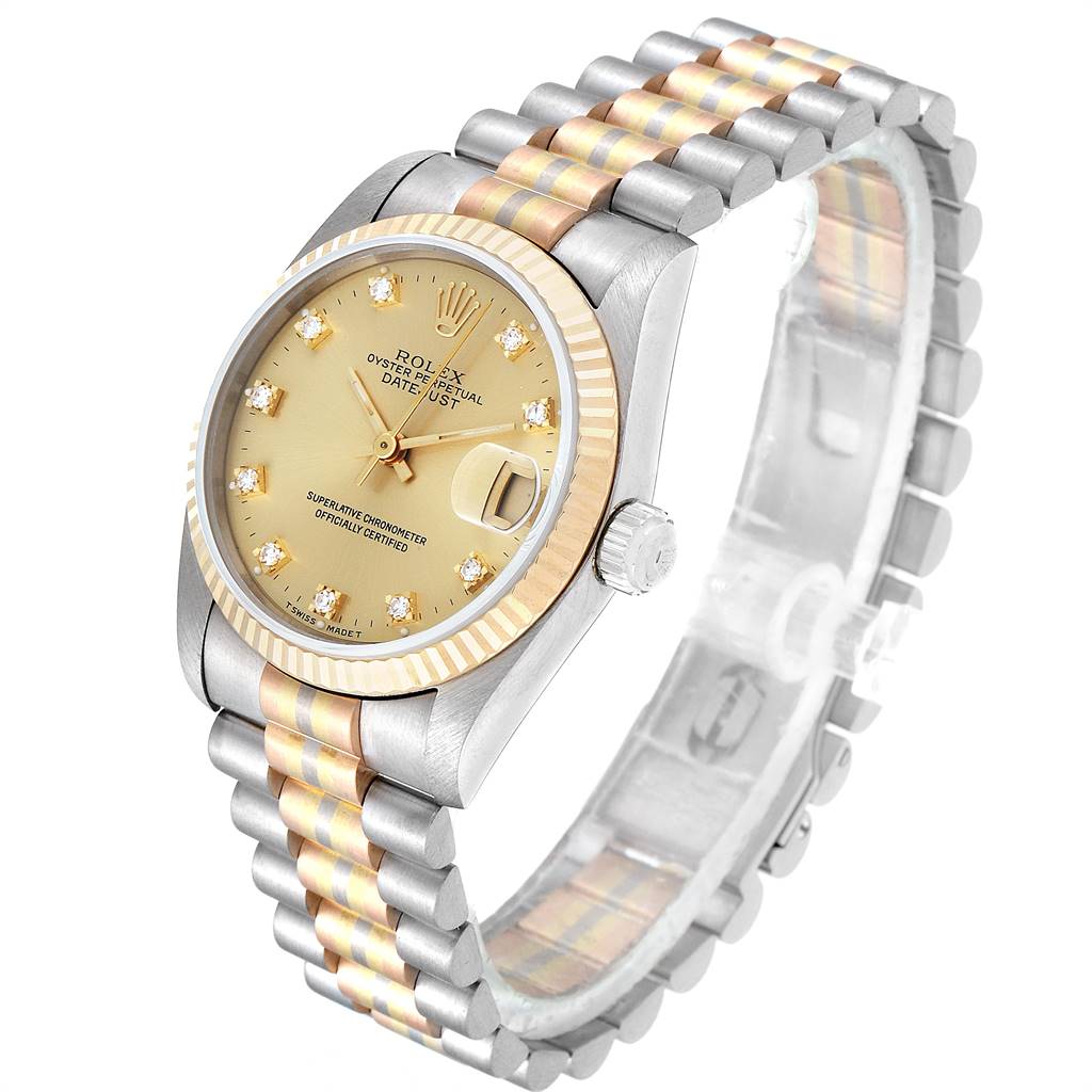 The Rolex President 68279 Women's White Gold Champagne Dial 68279 Women's White Gold Champagne Dial model watch is shown at an angle displaying its face, bezel, crown, and two-tone metal bracelet.