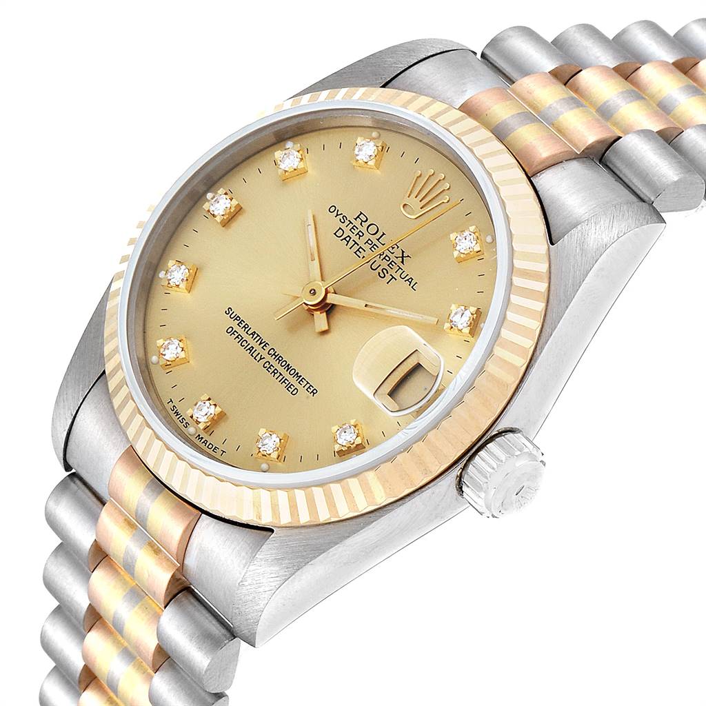 This image shows a President model Rolex watch at an angle highlighting its face, bracelet, crown, and a partially visible date window.