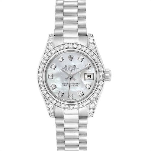 The Rolex President 179159 Women's White Gold Mother of Pearl Dial 179159 Women's White Gold Mother of Pearl Dial model is shown from the front, displaying the dial, bracelet, crown, and date window.