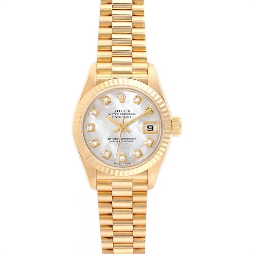 The image shows a front view of the Rolex President 69178 Women's Yellow Gold Mother of Pearl Dial 69178 Women's Yellow Gold Mother of Pearl Dial model watch, displaying its face, bezel, bracelet, and crown.