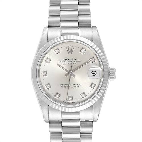 The image shows a Rolex President 68279 Women's White Gold Silver Dial 68279 Women's White Gold Silver Dial model watch, featuring a silver dial, fluted bezel, and President bracelet, viewed from the front.