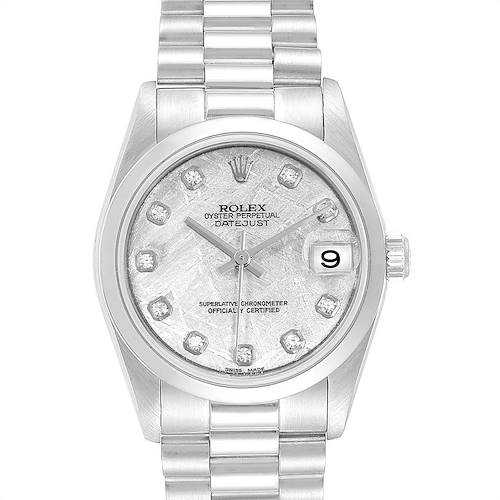 The image shows the front view of the Rolex President 78246 Women's Platinum Silver Dial 78246 Women's Platinum Silver Dial model watch, highlighting its dial, bracelet, and crown.