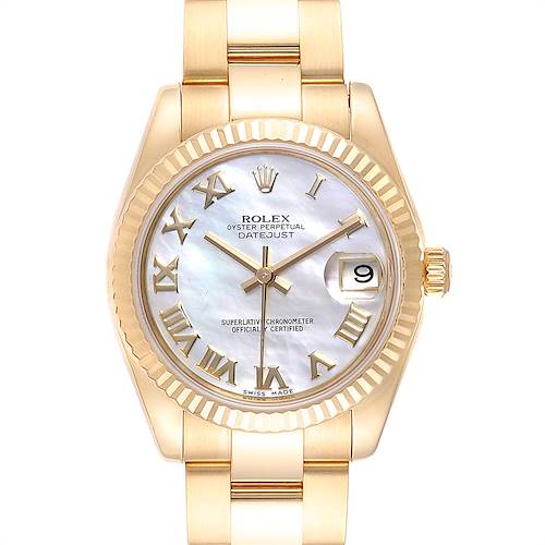 The Rolex President 178278 Women's Yellow Gold Mother of Pearl Dial 178278 Women's Yellow Gold Mother of Pearl Dial model watch is shown from a front angle, highlighting the dial, bezel, and bracelet.