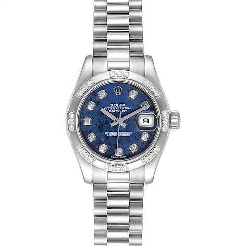 The image shows a front view of a Rolex President 179369 Women's White Gold Blue Dial 179369 Women's White Gold Blue Dial model watch, highlighting the face, bezel, and bracelet.