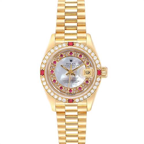 The image shows a Rolex President 69068 Women's Yellow Gold Mother of Pearl Dial 69068 Women's Yellow Gold Mother of Pearl Dial model watch from a front angle, highlighting its bezel, dial, and bracelet.