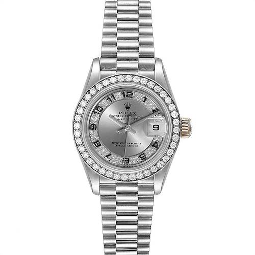 The image shows a Rolex President 69179 Women's White Gold Silver Dial 69179 Women's White Gold Silver Dial model watch from a front angle, highlighting its silver bracelet, diamond-encrusted bezel, and date display.