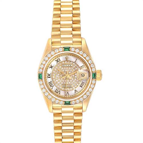 The Rolex President 69178 Women's Yellow Gold Mother of Pearl Dial 69178 Women's Yellow Gold Mother of Pearl Dial model watch is shown from the front, highlighting its gold bracelet, diamond bezel, and date window.