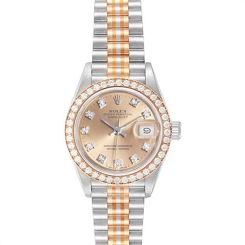 This image shows a frontal view of a Rolex President 69179 Women's White Gold Brown Dial 69179 Women's White Gold Brown Dial model watch, highlighting the face, bezel, and bracelet.