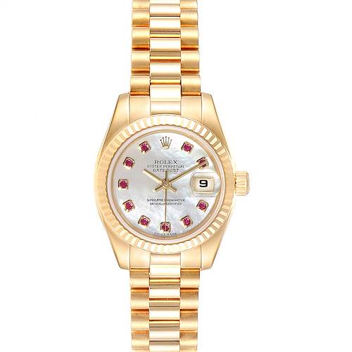 This image shows the face and band of a Rolex President 179178 Women's Yellow Gold Mother of Pearl Dial 179178 Women's Yellow Gold Mother of Pearl Dial model watch, viewed from the front.