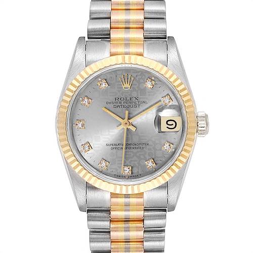 The image shows a front view of the Rolex President 68279 Women's White Gold Silver Dial 68279 Women's White Gold Silver Dial model watch, highlighting the dial, bezel, and bracelet.