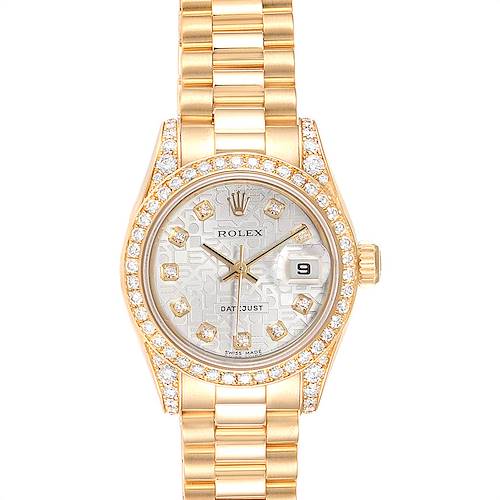 The image shows a front view of a Rolex President 179158 Women's Yellow Gold Silver Dial 179158 Women's Yellow Gold Silver Dial model watch, highlighting the face, bezel with diamonds, and part of the bracelet.
