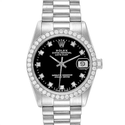 The image shows a front view of the Rolex President 68289 Women's White Gold Black Dial 68289 Women's White Gold Black Dial model, featuring a black dial, diamond hour markers, and a date window.