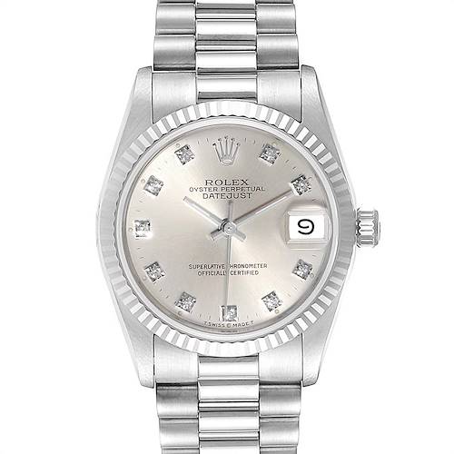 This image shows an overhead view of a Rolex President 68279 Women's White Gold Silver Dial 68279 Women's White Gold Silver Dial Datejust watch, highlighting the face, bracelet, and date display.