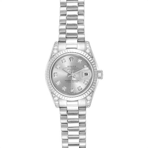 The image shows a frontal view of a Rolex President 179239 Women's White Gold Silver Dial 179239 Women's White Gold Silver Dial model watch, displaying its dial, bezel, bracelet, and date window.