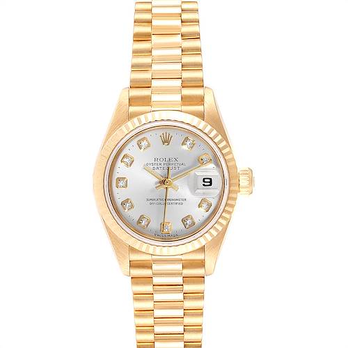 This image shows a Rolex President 69178 Women's Yellow Gold Silver Dial 69178 Women's Yellow Gold Silver Dial model watch from a top-down angle, highlighting the gold bracelet, bezel, and dial with diamond hour markers.