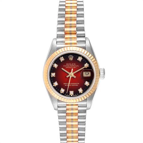 This Rolex President 69179 Women's White Gold Red Dial 69179 Women's White Gold Red Dial model watch is shown from the front, displaying the face, bezel, and bracelet.