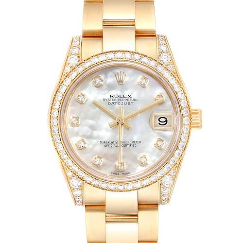 This is a front view of a Rolex President 178158 Women's Yellow Gold Mother of Pearl Dial 178158 Women's Yellow Gold Mother of Pearl Dial Datejust watch showcasing its face, dial, and diamond-encrusted bezel.