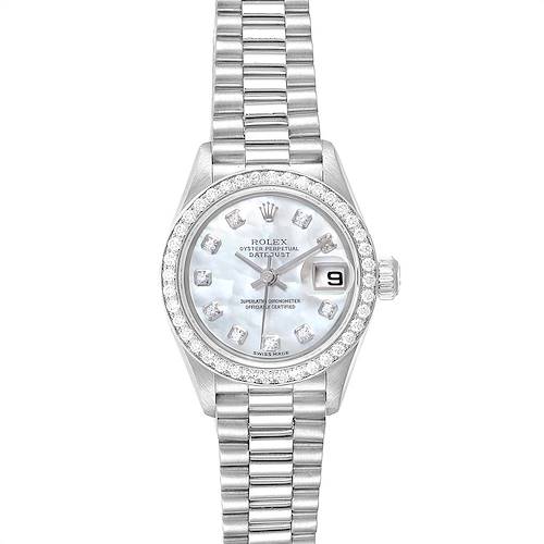 The image shows a Rolex President 79136 Women's Platinum Mother of Pearl Dial 79136 Women's Platinum Mother of Pearl Dial Datejust watch from a front angle, highlighting the dial, bezel, and bracelet.
