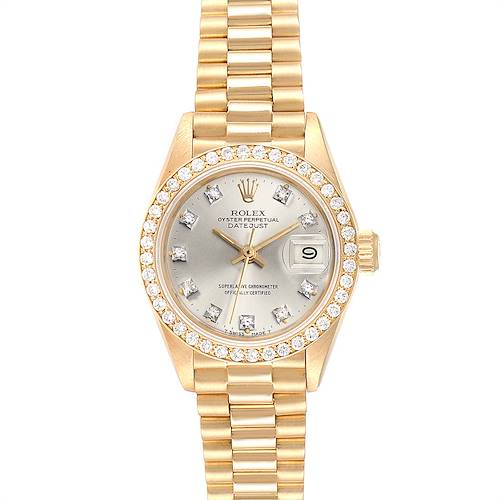 This Rolex President 69138 Women's Yellow Gold Silver Dial 69138 Women's Yellow Gold Silver Dial model is shown from a front view displaying its face, bezel, and band.