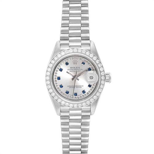 The Rolex President 69136 Women's Platinum Silver Dial 69136 Women's Platinum Silver Dial model watch is shown from the front, displaying its dial, bezel, bracelet, and date window.