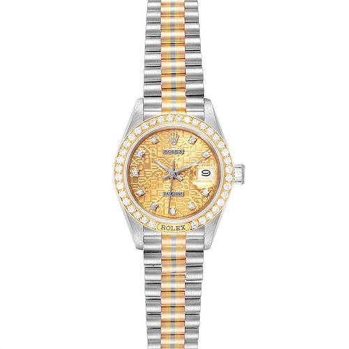 The image shows a front view of a Rolex President 69149 Women's White Gold Brown Dial 69149 Women's White Gold Brown Dial model watch, highlighting its dial, bezel, and bracelet with gold and steel accents.