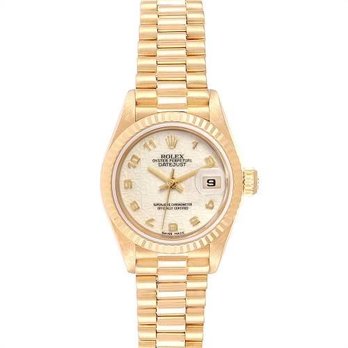 This image shows a front view of the Rolex President 69178 Women's Yellow Gold Beige Dial 69178 Women's Yellow Gold Beige Dial watch, showcasing its gold bracelet, dial, bezel, and date display.