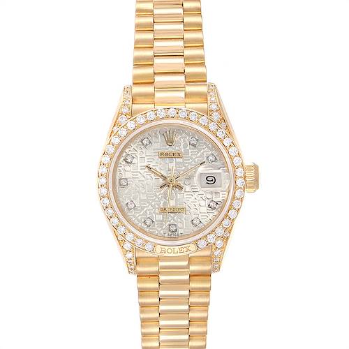 The Rolex President 69158 Women's Yellow Gold Silver Dial 69158 Women's Yellow Gold Silver Dial model watch is shown from a top-down angle, featuring its dial, bezel, crown, and bracelet.