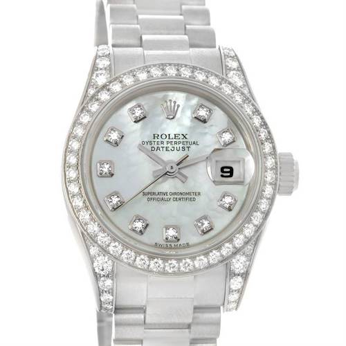 The image shows a Rolex President 179159 Women's White Gold Mother of Pearl Dial 179159 Women's White Gold Mother of Pearl Dial model watch from the front, highlighting its bezel, dial, markers, bracelet, and crown.