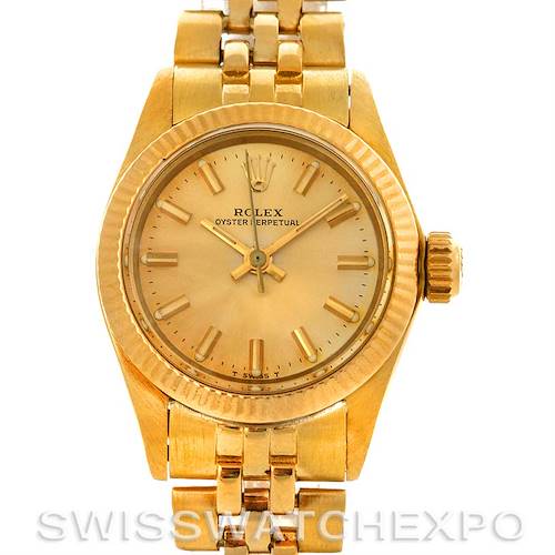 The image shows a frontal view of a Rolex President 6719 Women's Yellow Gold Champagne Dial 6719 Women's Yellow Gold Champagne Dial model watch, highlighting its dial, bezel, bracelet, and crown.