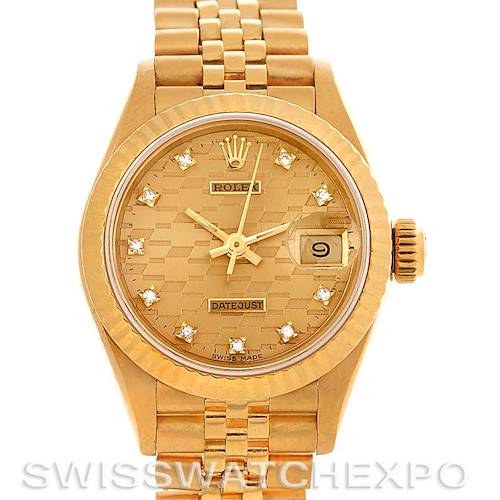 The image shows a front view of a Rolex President 69178 Women's Yellow Gold Champagne Dial 69178 Women's Yellow Gold Champagne Dial Datejust watch, displaying the dial, hands, bezel, crown, and part of the bracelet.