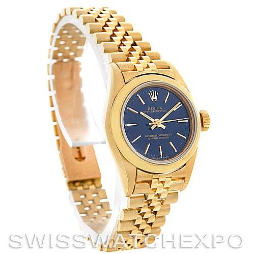 The image shows a Rolex President 67188 Women's Yellow Gold Blue Dial 67188 Women's Yellow Gold Blue Dial model watch at a three-quarter angle, highlighting its blue dial and gold bracelet.