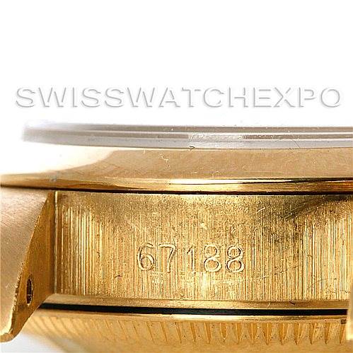 This image shows a close-up of the side of a Rolex President 67188 Women's Yellow Gold Blue Dial 67188 Women's Yellow Gold Blue Dial model watch, highlighting its case and serial number.