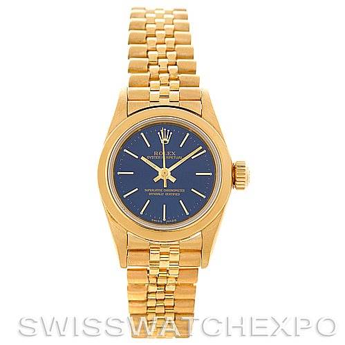 This image shows a front view of a gold Rolex President 67188 Women's Yellow Gold Blue Dial 67188 Women's Yellow Gold Blue Dial model watch, displaying its blue dial and bracelet.