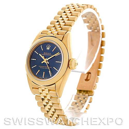 This image shows a Rolex President 67188 Women's Yellow Gold Blue Dial 67188 Women's Yellow Gold Blue Dial model watch with a gold case and band, blue dial, and a partial side view.