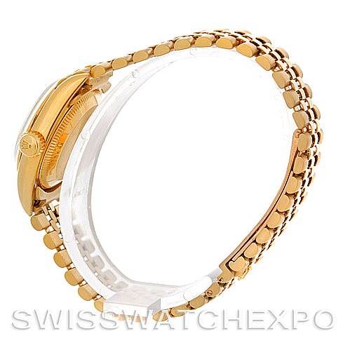 This image shows a side view of the Rolex President 67188 Women's Yellow Gold Blue Dial 67188 Women's Yellow Gold Blue Dial model watch, focusing on the gold bracelet and case.